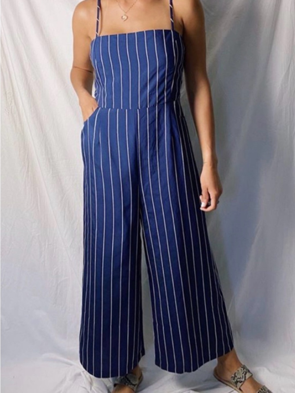 Navy Striped Wide-Leg Jumpsuit with Spaghetti Straps